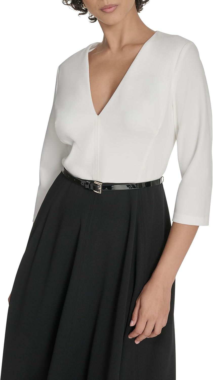imageTommy Hilfiger Womens Long Sleeves V Neck Color Block Midi DressBlackIvory