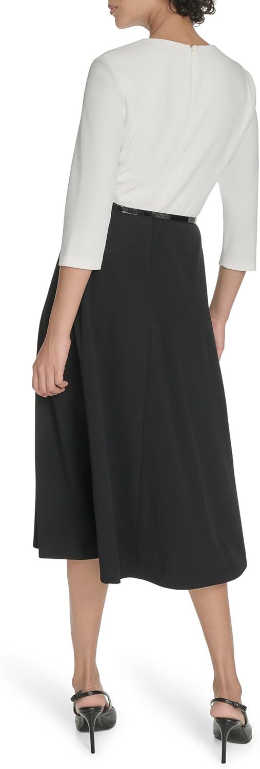 imageTommy Hilfiger Womens Long Sleeves V Neck Color Block Midi DressBlackIvory