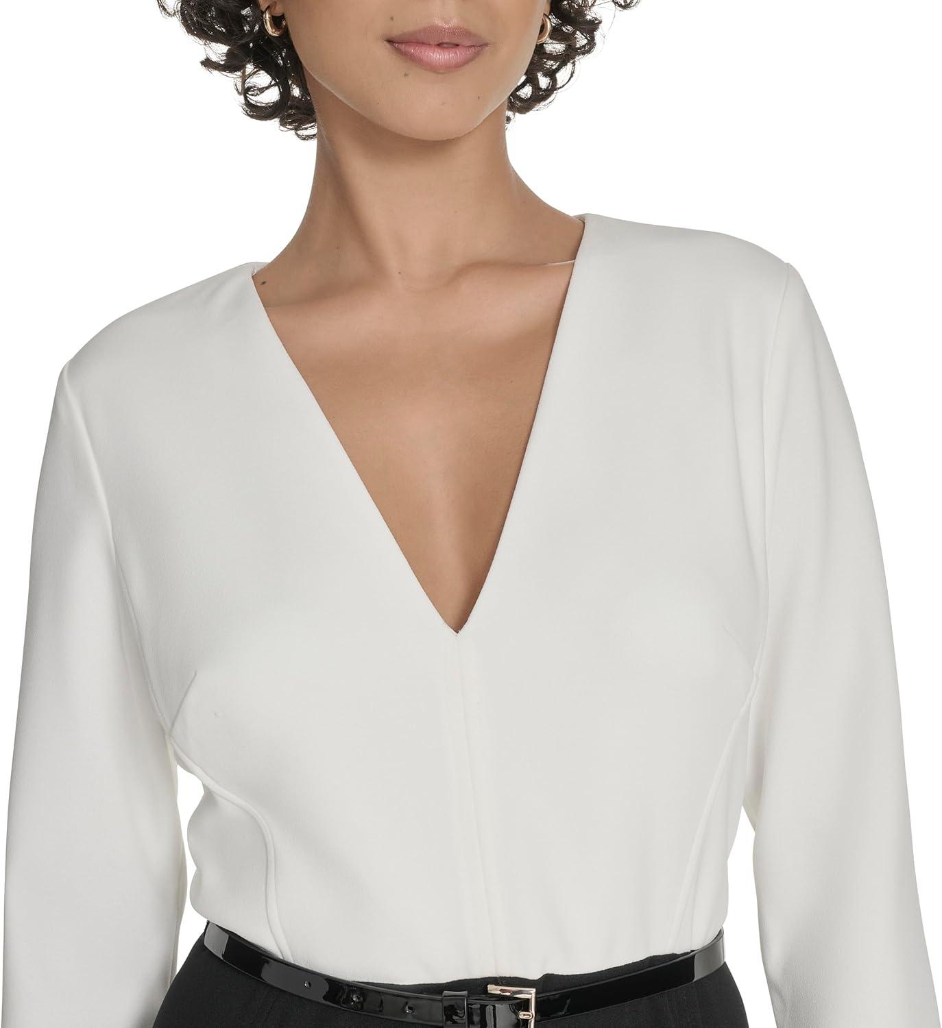imageTommy Hilfiger Womens Long Sleeves V Neck Color Block Midi DressBlackIvory