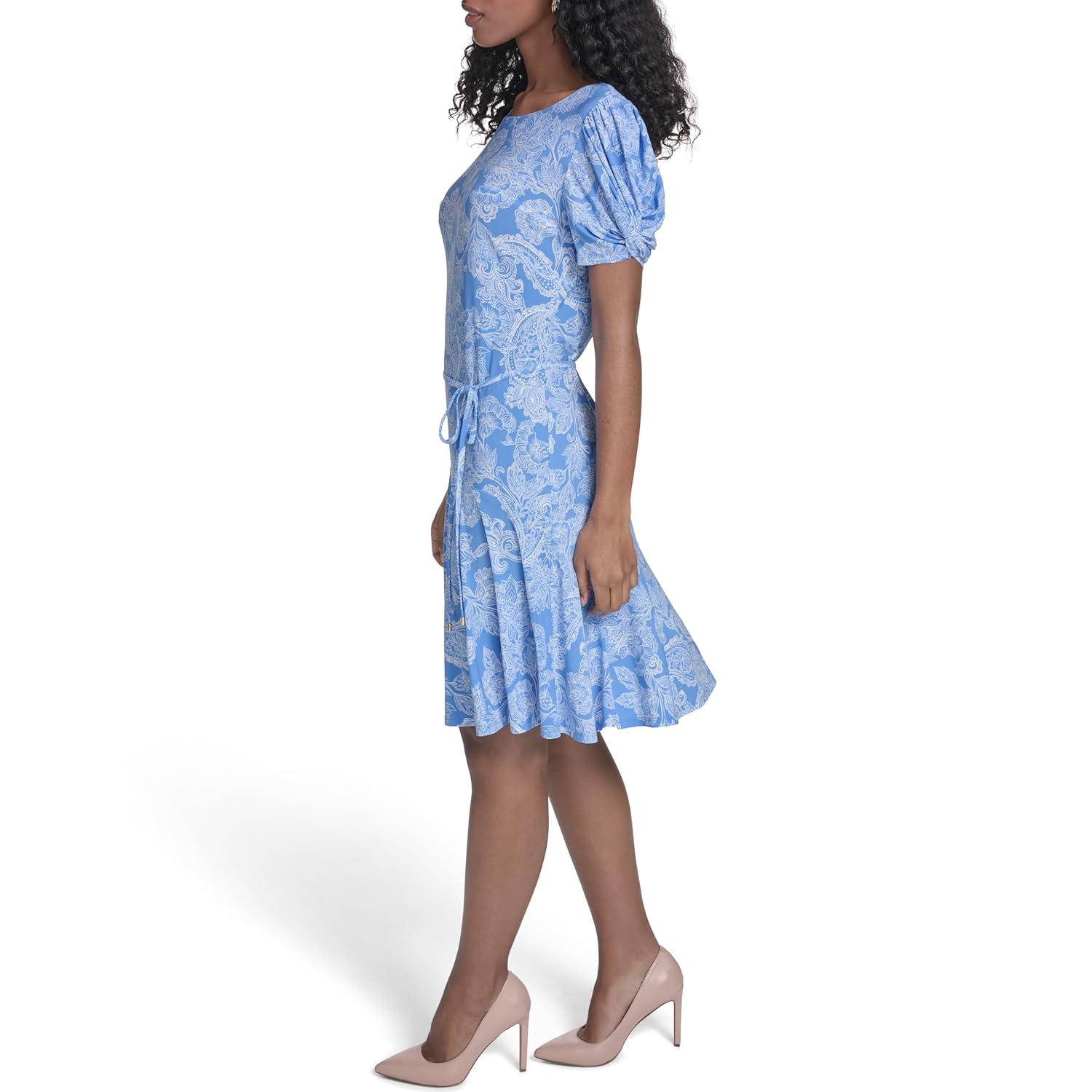 imageTommy Hilfiger Womens Puff Sleeve Crew Neck Jersey Shift Mini DressFrench BlueIvory