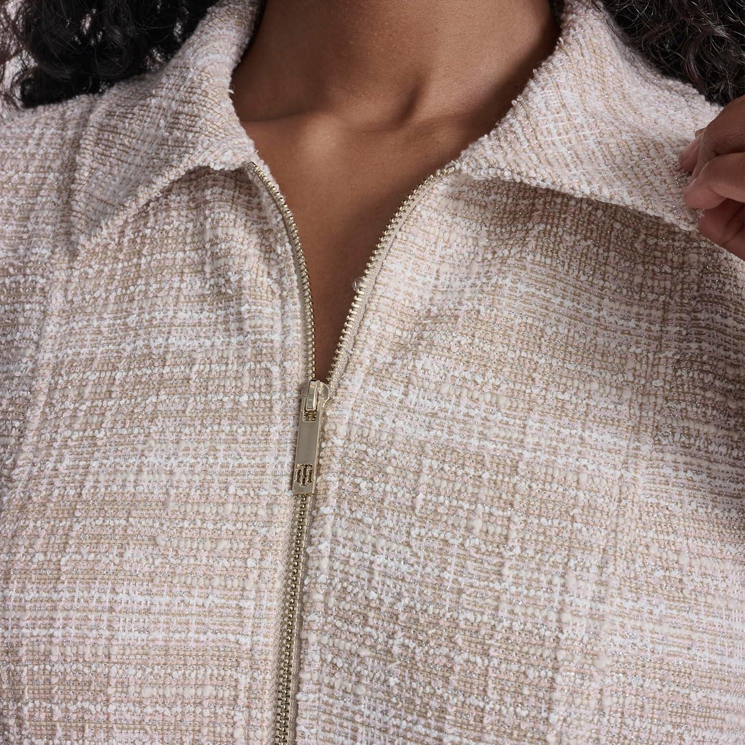 imageTommy Hilfiger Womens Short Sleeve Collared Neck Boucle Knit Tweed Zipper Front Mini DressKhakiIvory