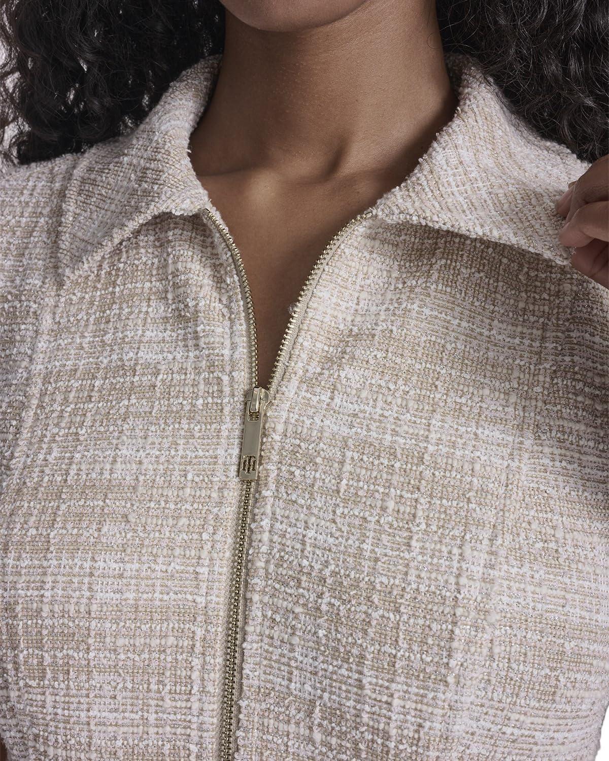 imageTommy Hilfiger Womens Short Sleeve Collared Neck Boucle Knit Tweed Zipper Front Mini DressKhakiIvory