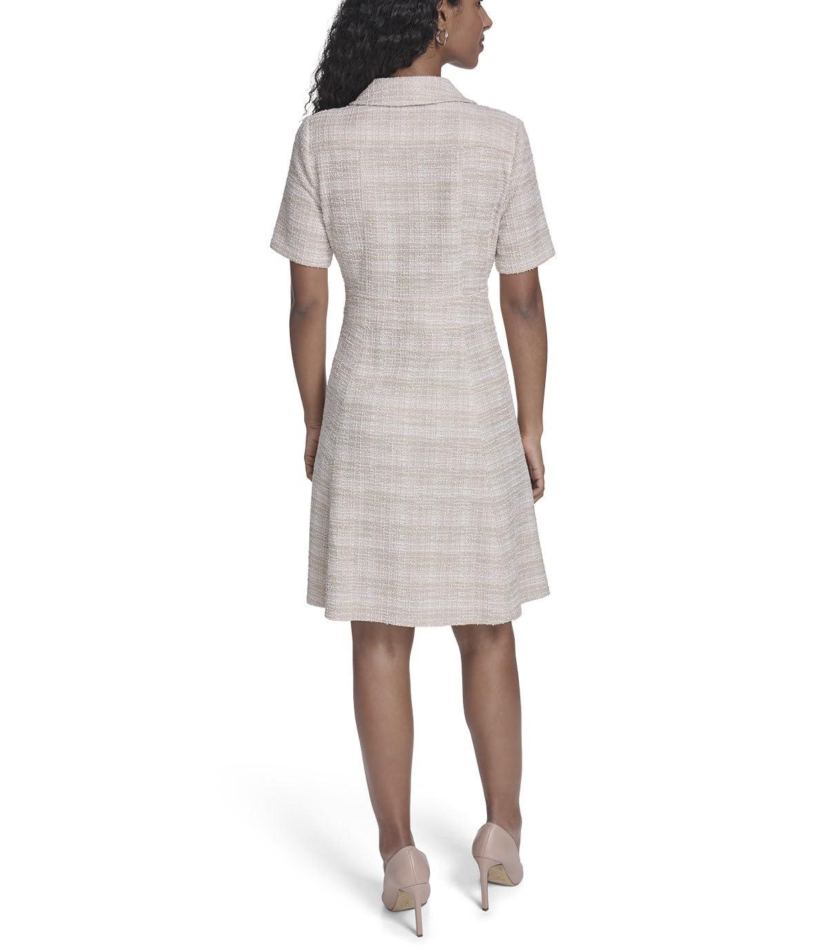imageTommy Hilfiger Womens Short Sleeve Collared Neck Boucle Knit Tweed Zipper Front Mini DressKhakiIvory