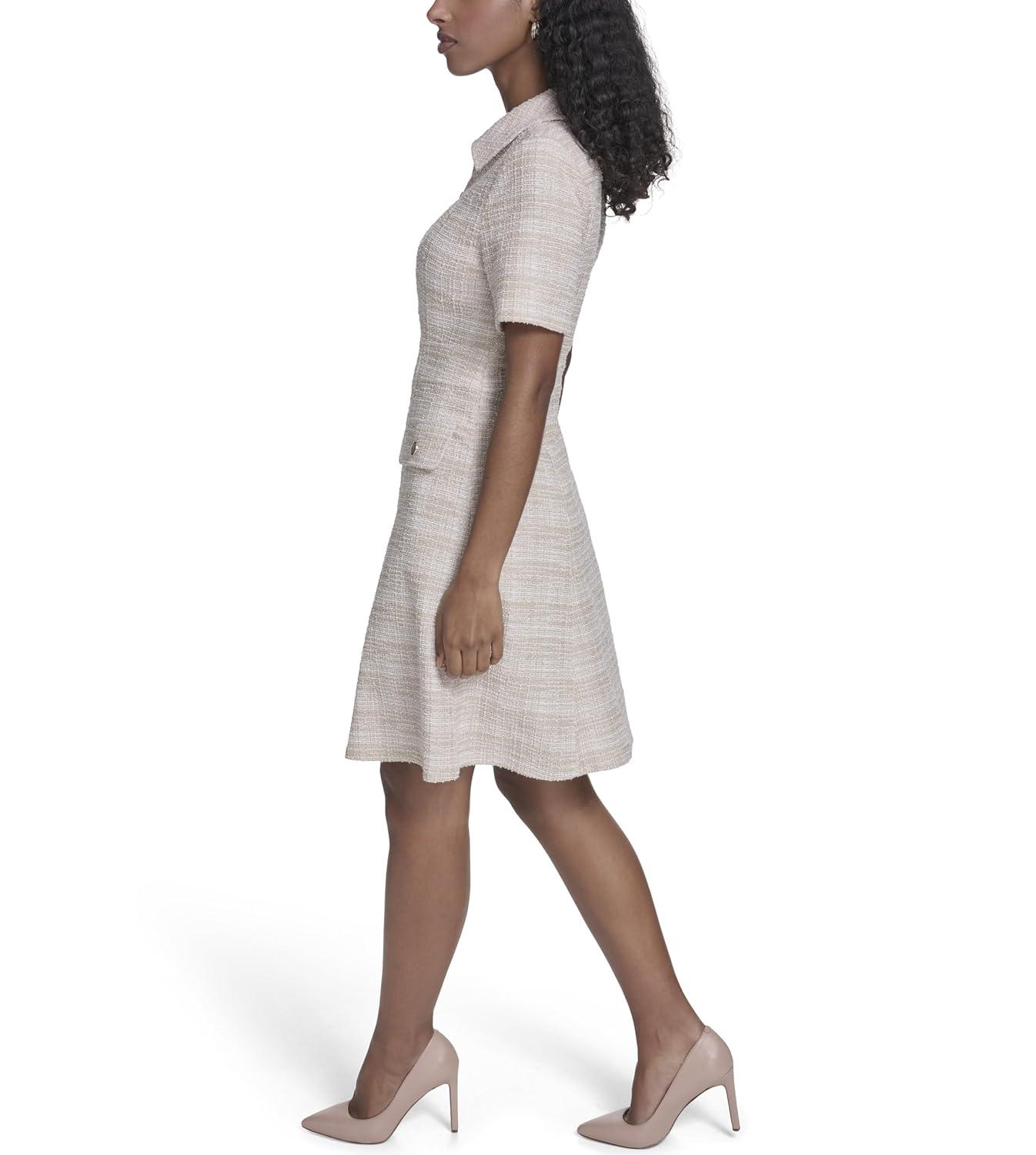 imageTommy Hilfiger Womens Short Sleeve Collared Neck Boucle Knit Tweed Zipper Front Mini DressKhakiIvory