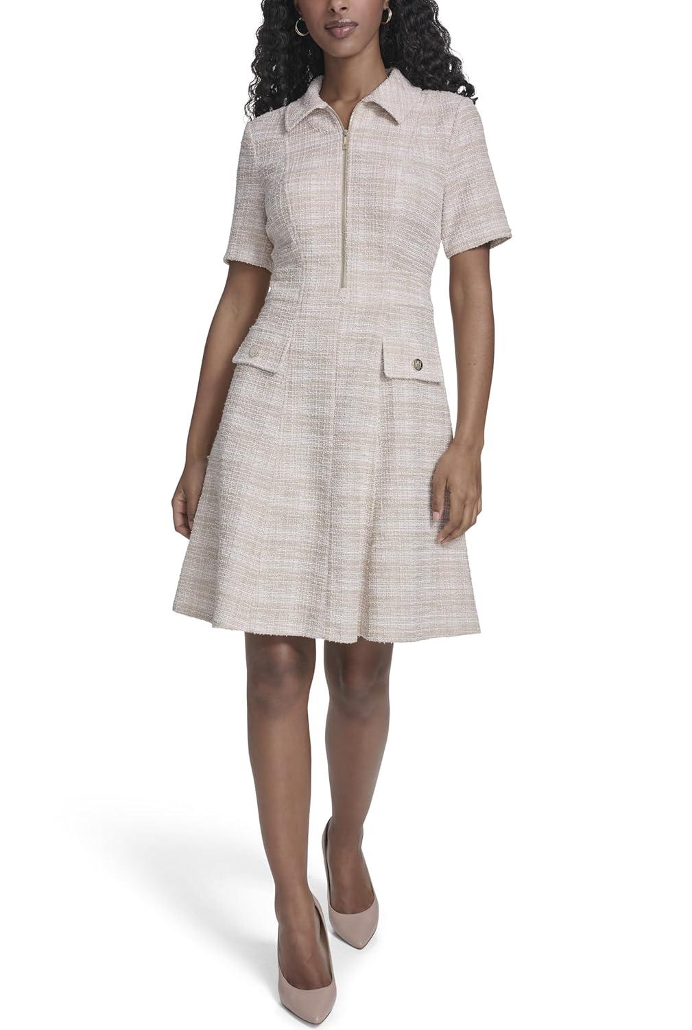 imageTommy Hilfiger Womens Short Sleeve Collared Neck Boucle Knit Tweed Zipper Front Mini DressKhakiIvory
