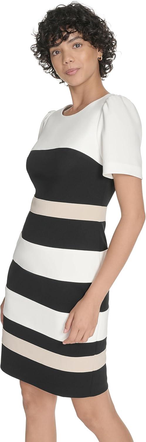 imageTommy Hilfiger Womens Short Sleeve Jewel Neck Colorblock Striped Sheath Mini DressIvoryBlackKhaki
