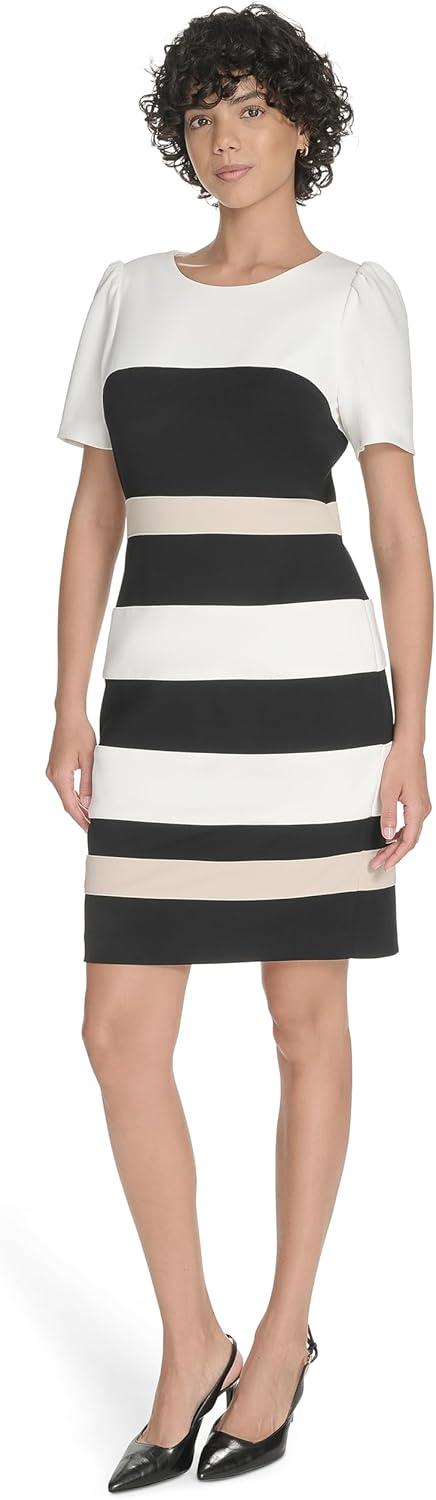 imageTommy Hilfiger Womens Short Sleeve Jewel Neck Colorblock Striped Sheath Mini DressIvoryBlackKhaki