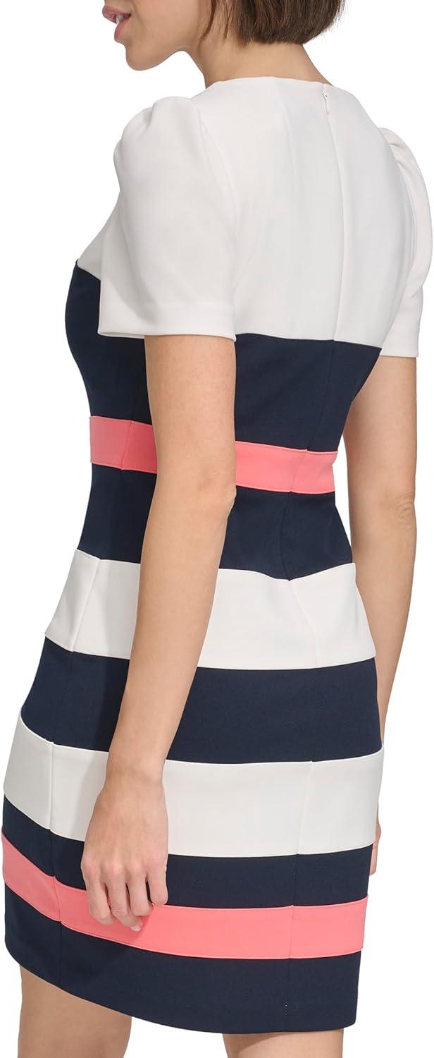 imageTommy Hilfiger Womens Short Sleeve Jewel Neck Colorblock Striped Sheath Mini DressIvorySky CaptainSherbet