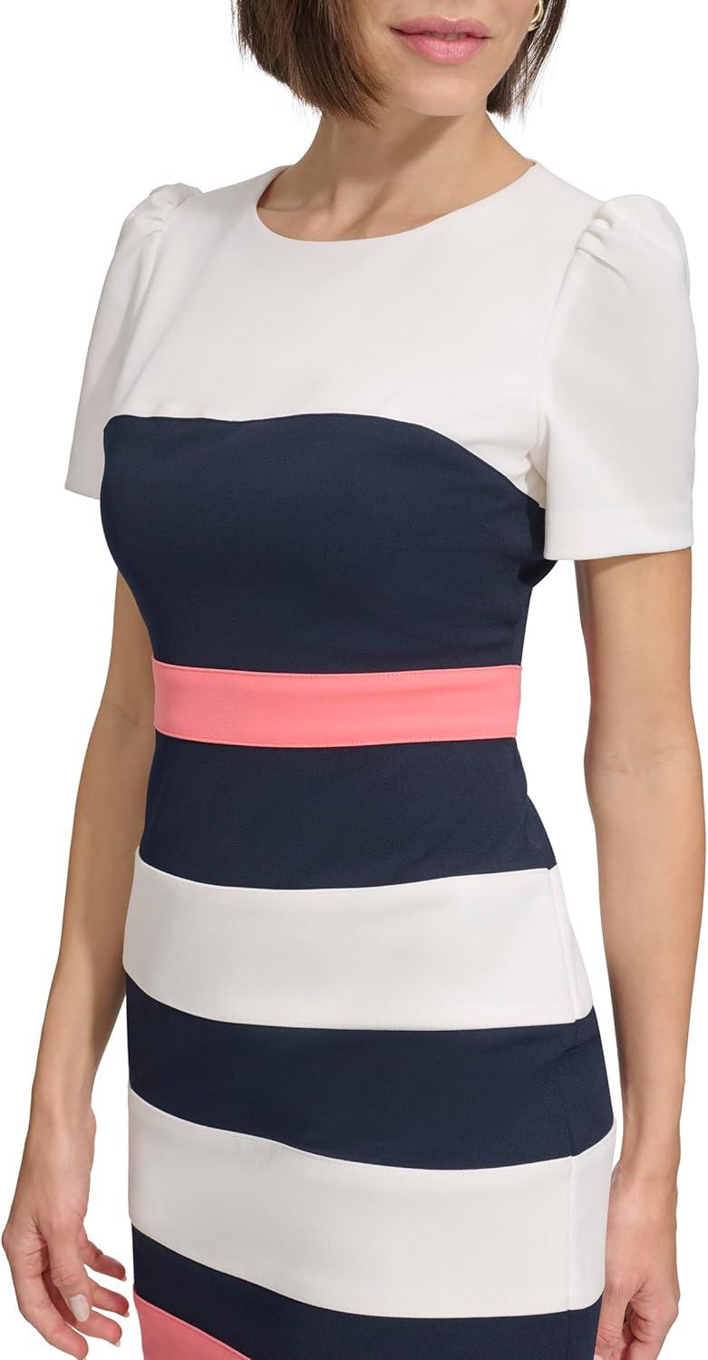 imageTommy Hilfiger Womens Short Sleeve Jewel Neck Colorblock Striped Sheath Mini DressIvorySky CaptainSherbet