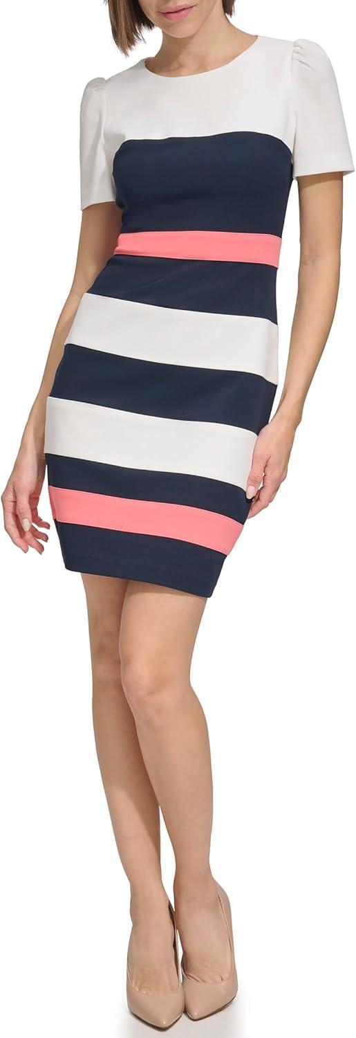 imageTommy Hilfiger Womens Short Sleeve Jewel Neck Colorblock Striped Sheath Mini DressIvorySky CaptainSherbet