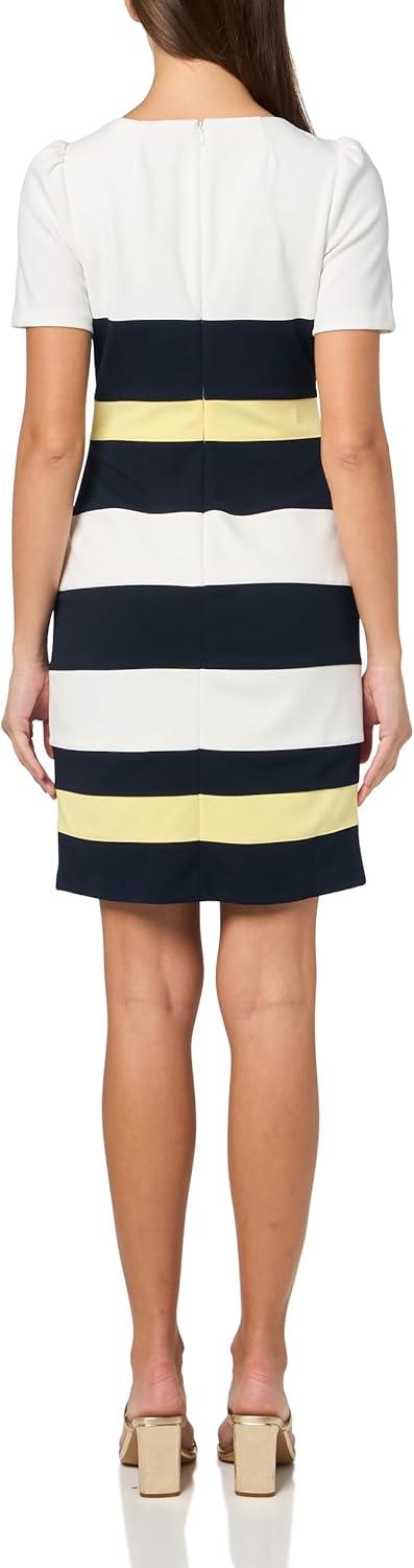 imageTommy Hilfiger Womens Short Sleeve Jewel Neck Colorblock Striped Sheath Mini DressIvorySunshineSky Captain