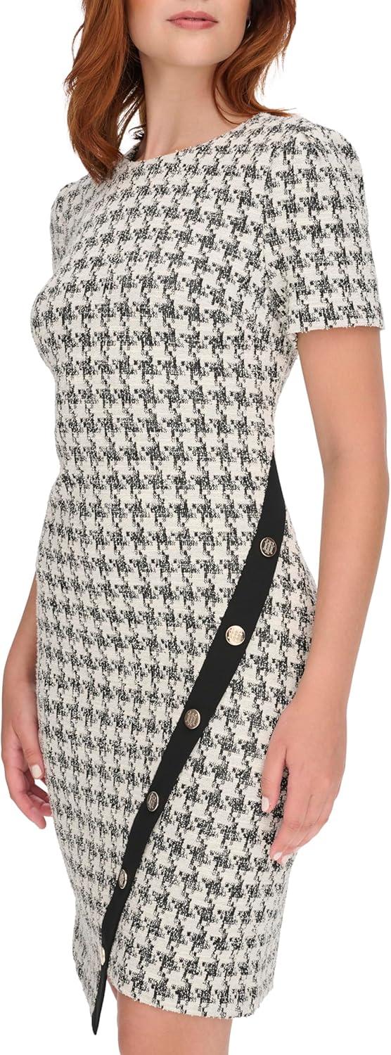 imageTommy Hilfiger Womens Short Sleeve Jewel Neck Colorblock Studded Asymmetrical Hem Crepe Mini DressBlackPearl