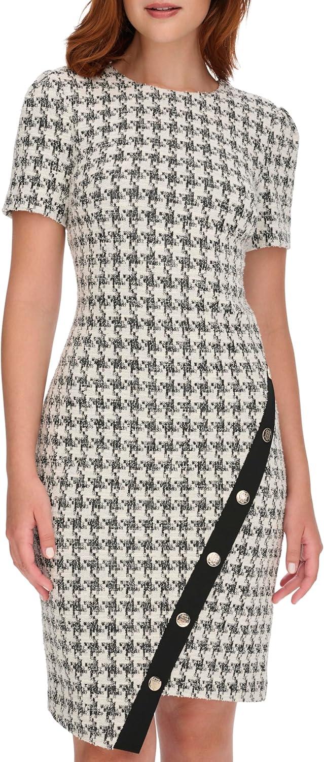 imageTommy Hilfiger Womens Short Sleeve Jewel Neck Colorblock Studded Asymmetrical Hem Crepe Mini DressBlackPearl
