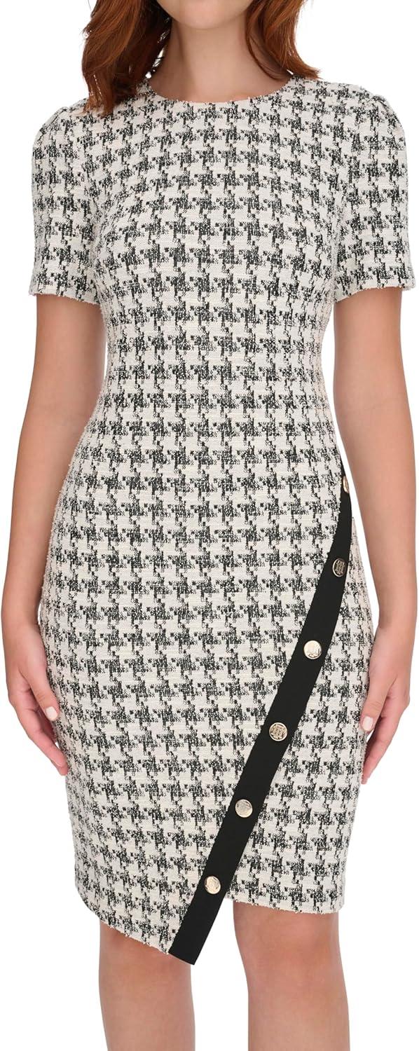 imageTommy Hilfiger Womens Short Sleeve Jewel Neck Colorblock Studded Asymmetrical Hem Crepe Mini DressBlackPearl