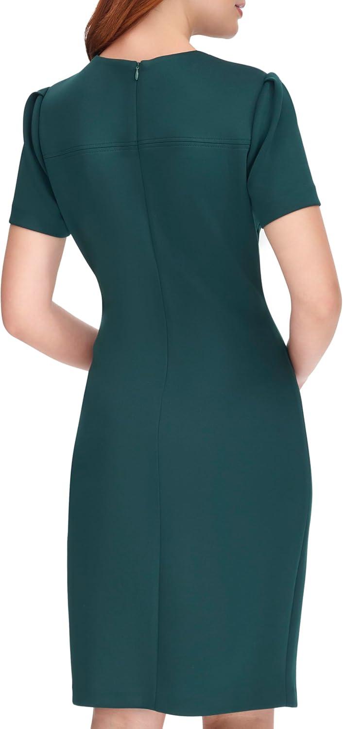imageTommy Hilfiger Womens Short Sleeve Jewel Neck Colorblock Studded Asymmetrical Hem Crepe Mini DressCypress