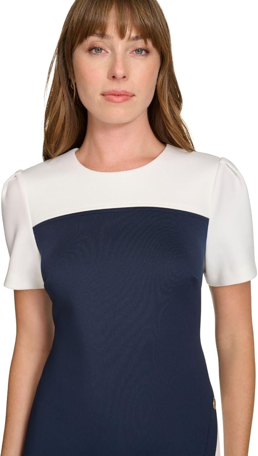 imageTommy Hilfiger Womens Short Sleeve Jewel Neck Colorblock Studded Asymmetrical Hem Crepe Mini DressSky CaptainIvory