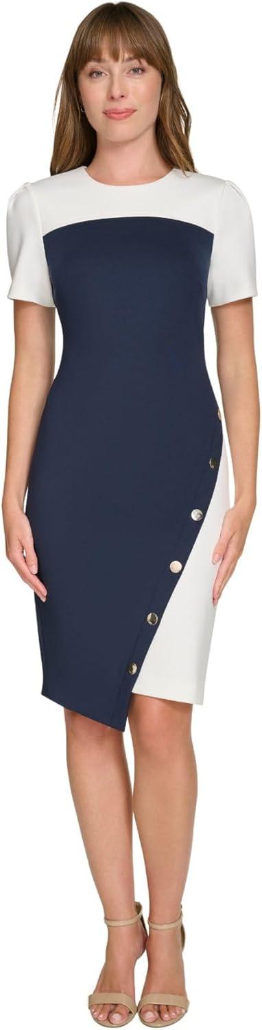 imageTommy Hilfiger Womens Short Sleeve Jewel Neck Colorblock Studded Asymmetrical Hem Crepe Mini DressSky CaptainIvory