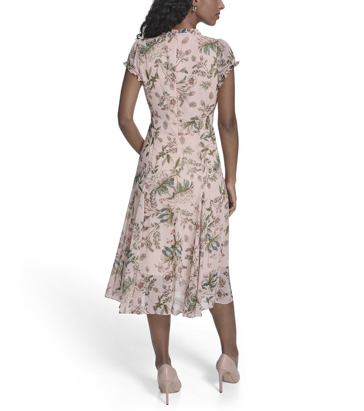 imageTommy Hilfiger Womens Short Sleeve VNeck Chiffon Empire Waist Midi DressPowder Multi