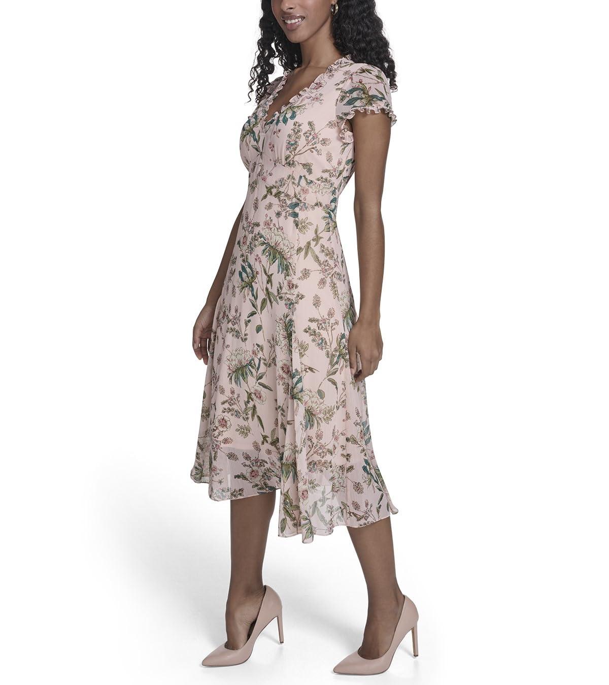 imageTommy Hilfiger Womens Short Sleeve VNeck Chiffon Empire Waist Midi DressPowder Multi