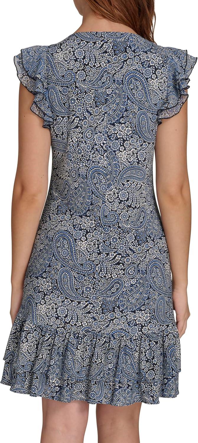 imageTommy Hilfiger Womens Sleeveless Crew Neck Double Ruffle Hem Jersey Shift Mini DressFrench Blue Combo