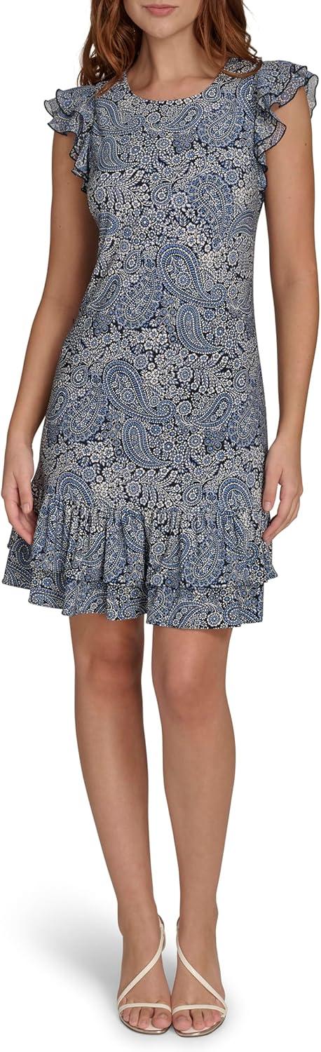 imageTommy Hilfiger Womens Sleeveless Crew Neck Double Ruffle Hem Jersey Shift Mini DressFrench Blue Combo