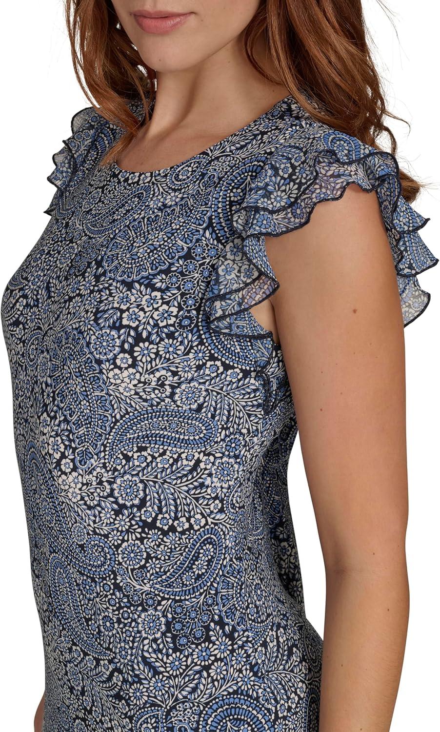 imageTommy Hilfiger Womens Sleeveless Crew Neck Double Ruffle Hem Jersey Shift Mini DressFrench Blue Combo