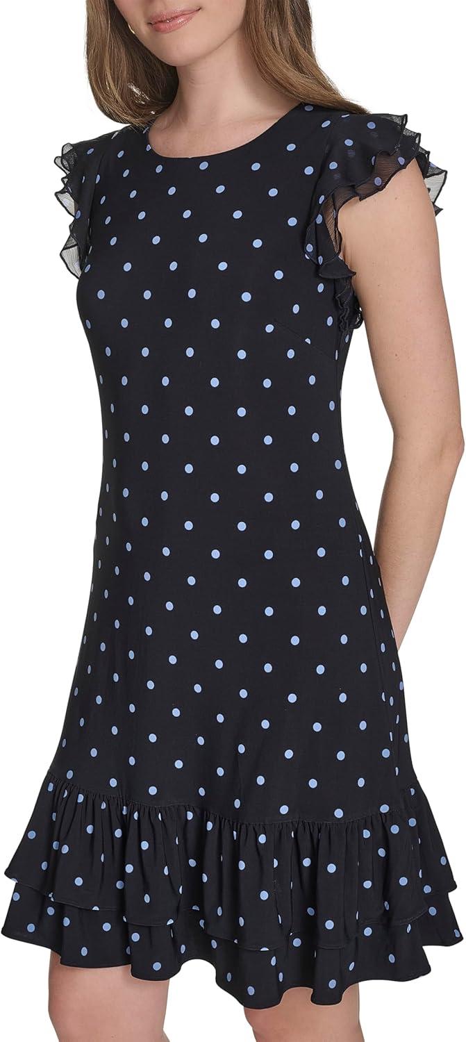 imageTommy Hilfiger Womens Sleeveless Crew Neck Double Ruffle Hem Jersey Shift Mini DressSky CaptainFrench Blue