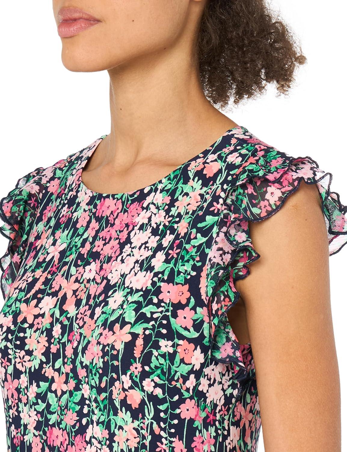 imageTommy Hilfiger Womens Sleeveless Crew Neck Double Ruffle Hem Jersey Shift Mini DressSky CaptainPeony