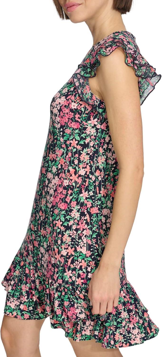 imageTommy Hilfiger Womens Sleeveless Crew Neck Double Ruffle Hem Jersey Shift Mini DressSky CaptainPeony