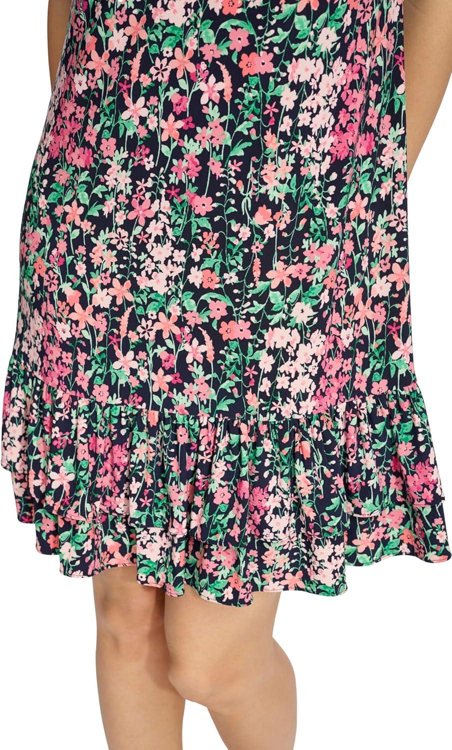 imageTommy Hilfiger Womens Sleeveless Crew Neck Double Ruffle Hem Jersey Shift Mini DressSky CaptainPeony