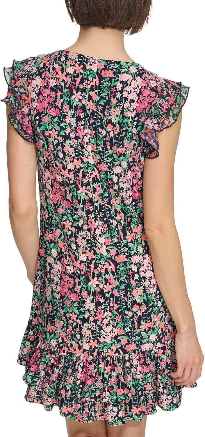 imageTommy Hilfiger Womens Sleeveless Crew Neck Double Ruffle Hem Jersey Shift Mini DressSky CaptainPeony