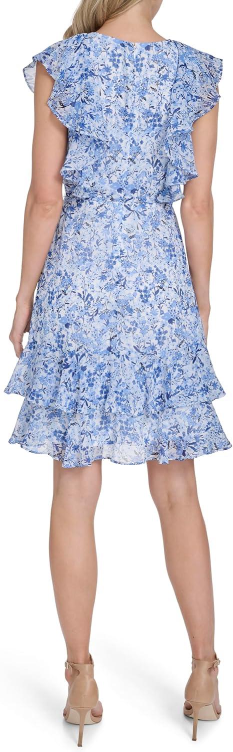 imageTommy Hilfiger Womens Sleeveless VNeck Ruffle Trim Tie Waist Chiffon Mini Dress French Blue Multi 10