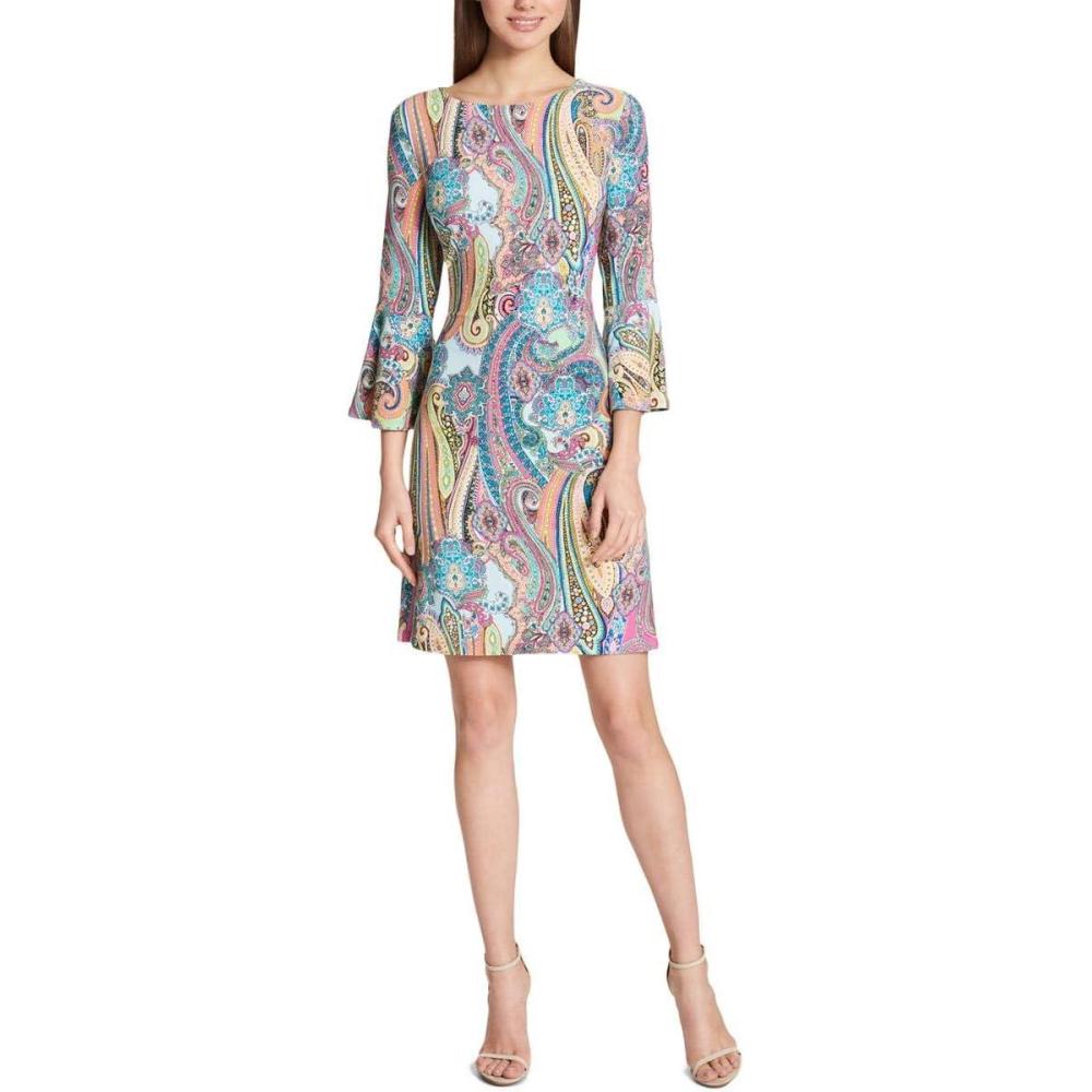 imageTommy Hilfiger Womens 34 Bell Sleeve Jewel Neck Sheath Mini DressHot Pink Multi