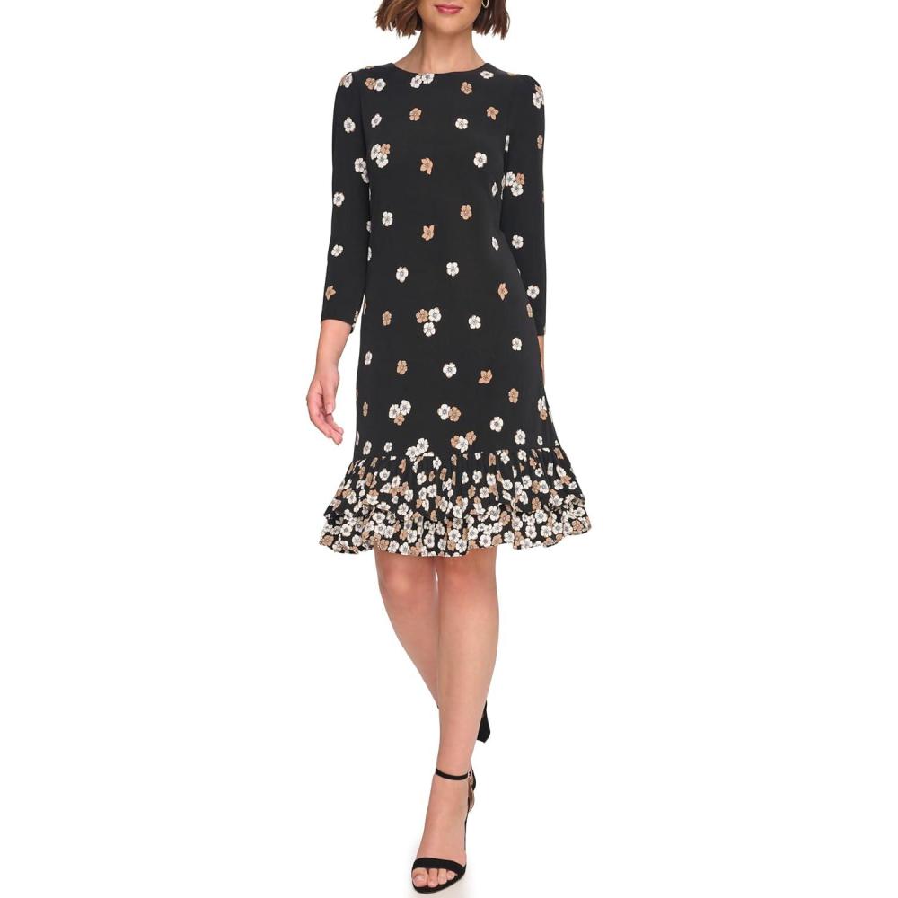 imageTommy Hilfiger Womens 34 Sleeve Crew Neck Double Ruffle Hem Jersey Shift Mini DressBlack Multi
