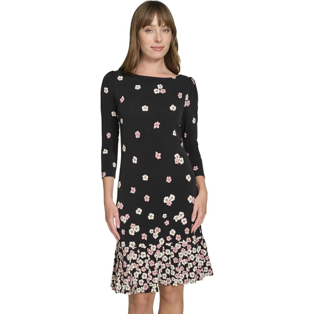 imageTommy Hilfiger Womens 34 Sleeve Crew Neck Double Ruffle Hem Jersey Shift Mini DressBlackBridal Rose