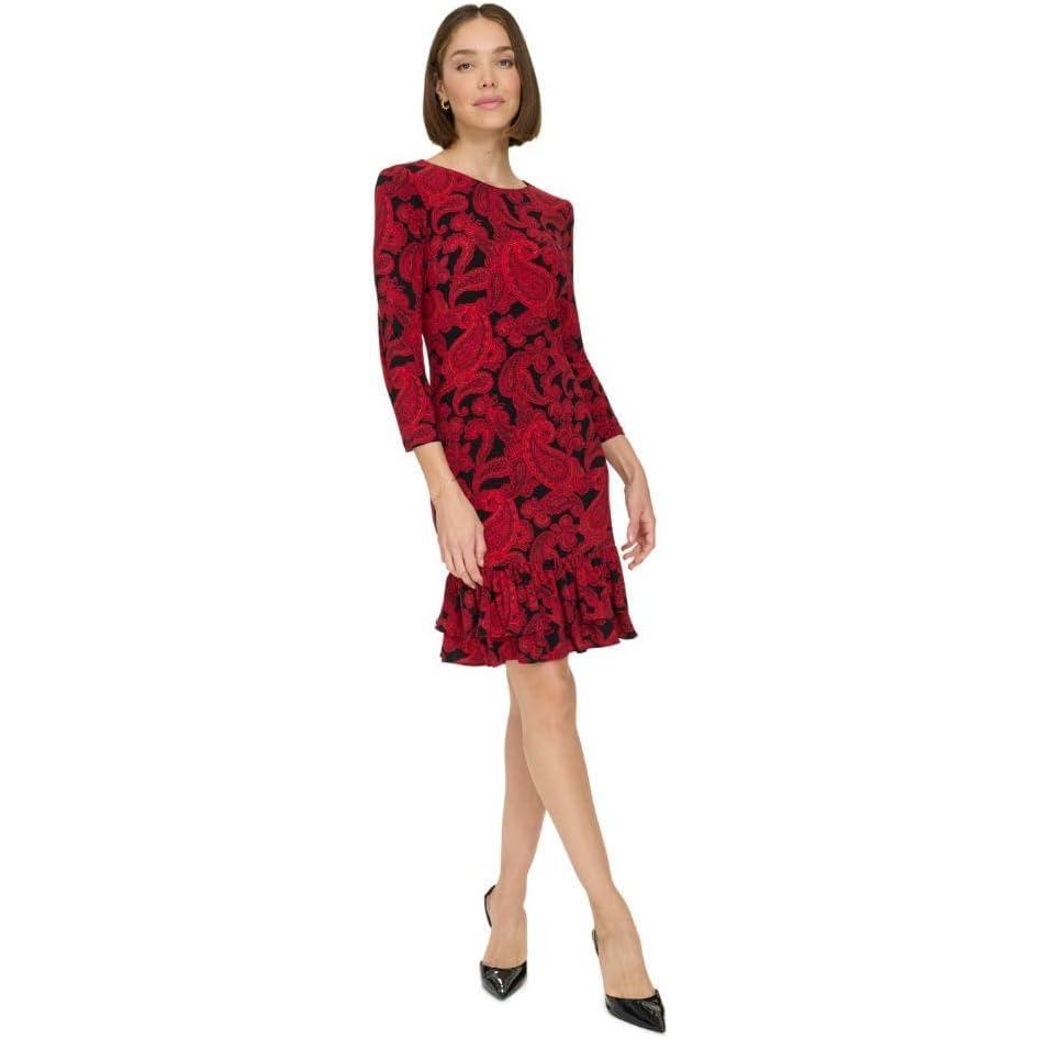 imageTommy Hilfiger Womens 34 Sleeve Crew Neck Double Ruffle Hem Jersey Shift Mini DressBlackRed