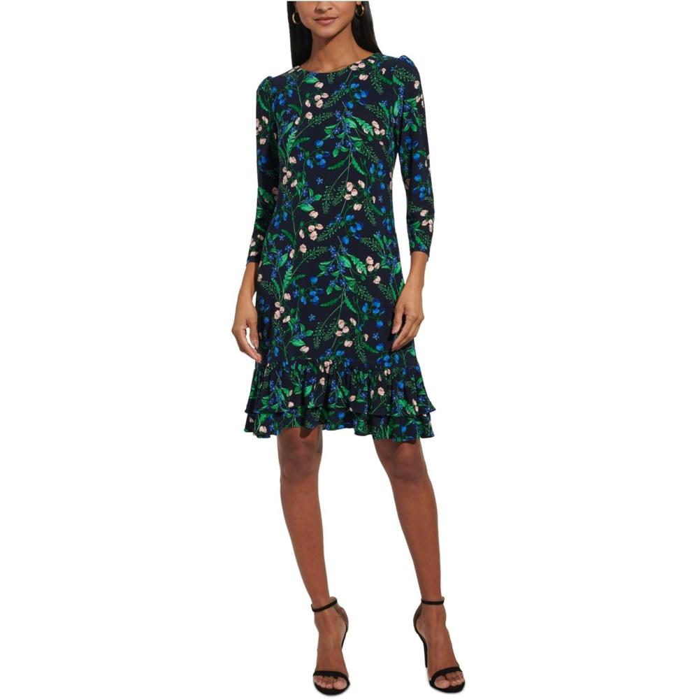 imageTommy Hilfiger Womens 34 Sleeve Crew Neck Double Ruffle Hem Jersey Shift Mini DressJolly Green Multi