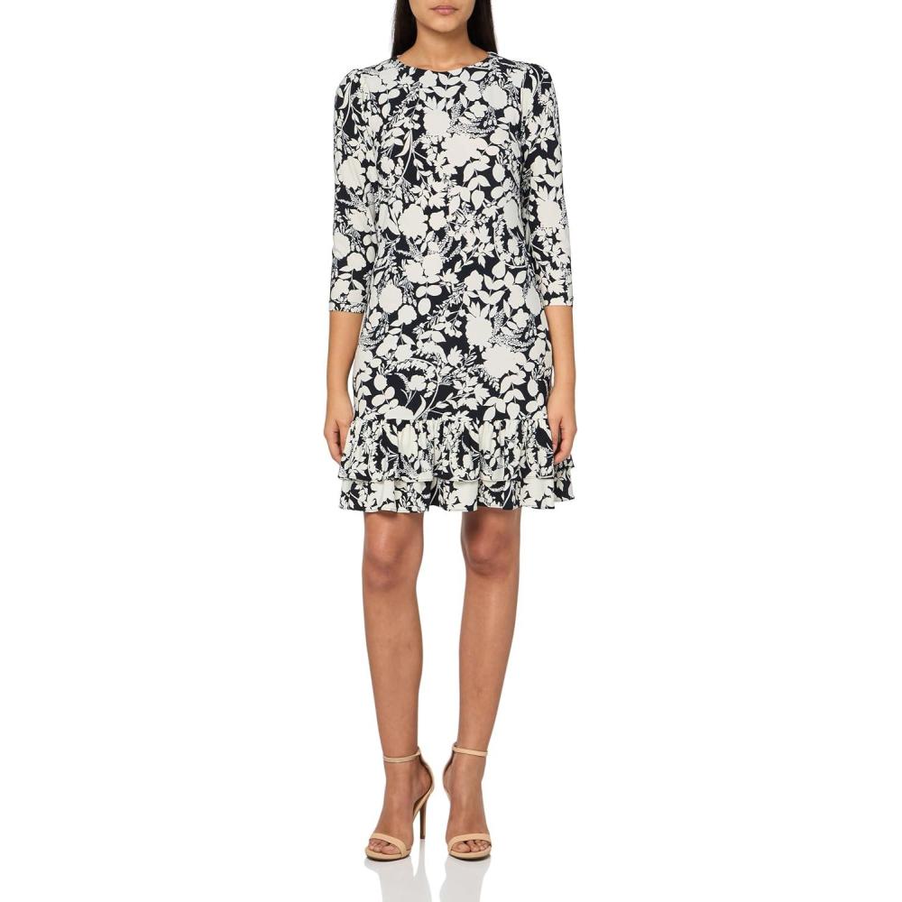 imageTommy Hilfiger Womens 34 Sleeve Crew Neck Double Ruffle Hem Jersey Shift Mini DressSky CaptainCream