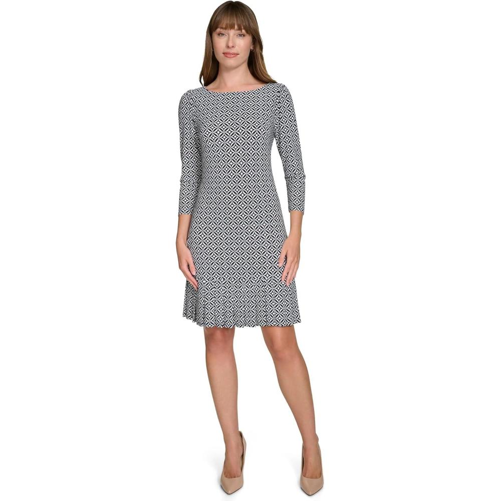 imageTommy Hilfiger Womens 34 Sleeve Crew Neck Double Ruffle Hem Jersey Shift Mini DressSky CaptainCream Multi