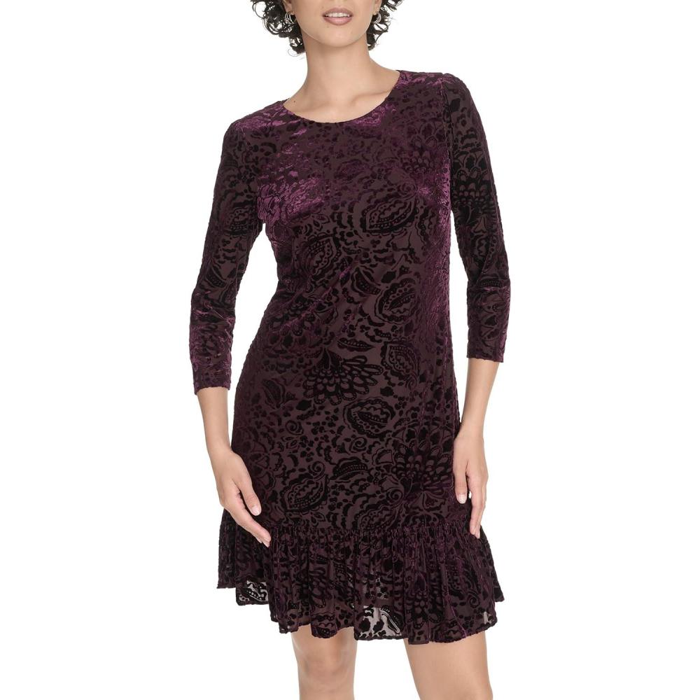 imageTommy Hilfiger Womens 34 Sleeve Crew Neck Double Ruffle Hem Velvet Burnout Shift Mini DressAubergine
