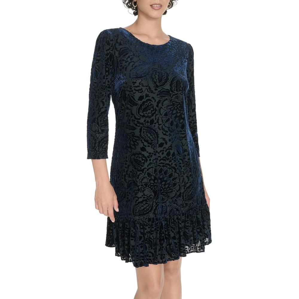 imageTommy Hilfiger Womens 34 Sleeve Crew Neck Double Ruffle Hem Velvet Burnout Shift Mini DressSky Captain