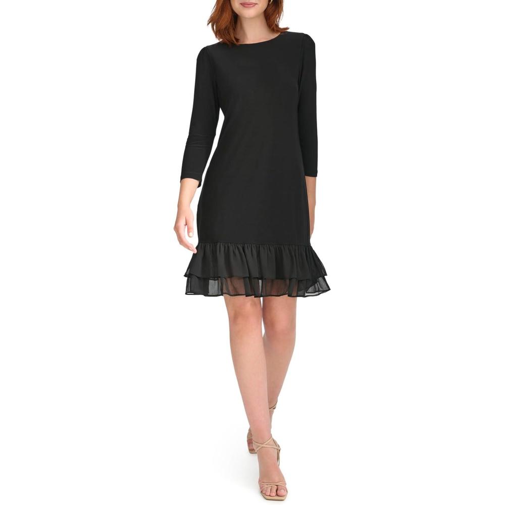 imageTommy Hilfiger Womens 34 Sleeve JerseyChiffon Mix Ruffle Hem DressBlack
