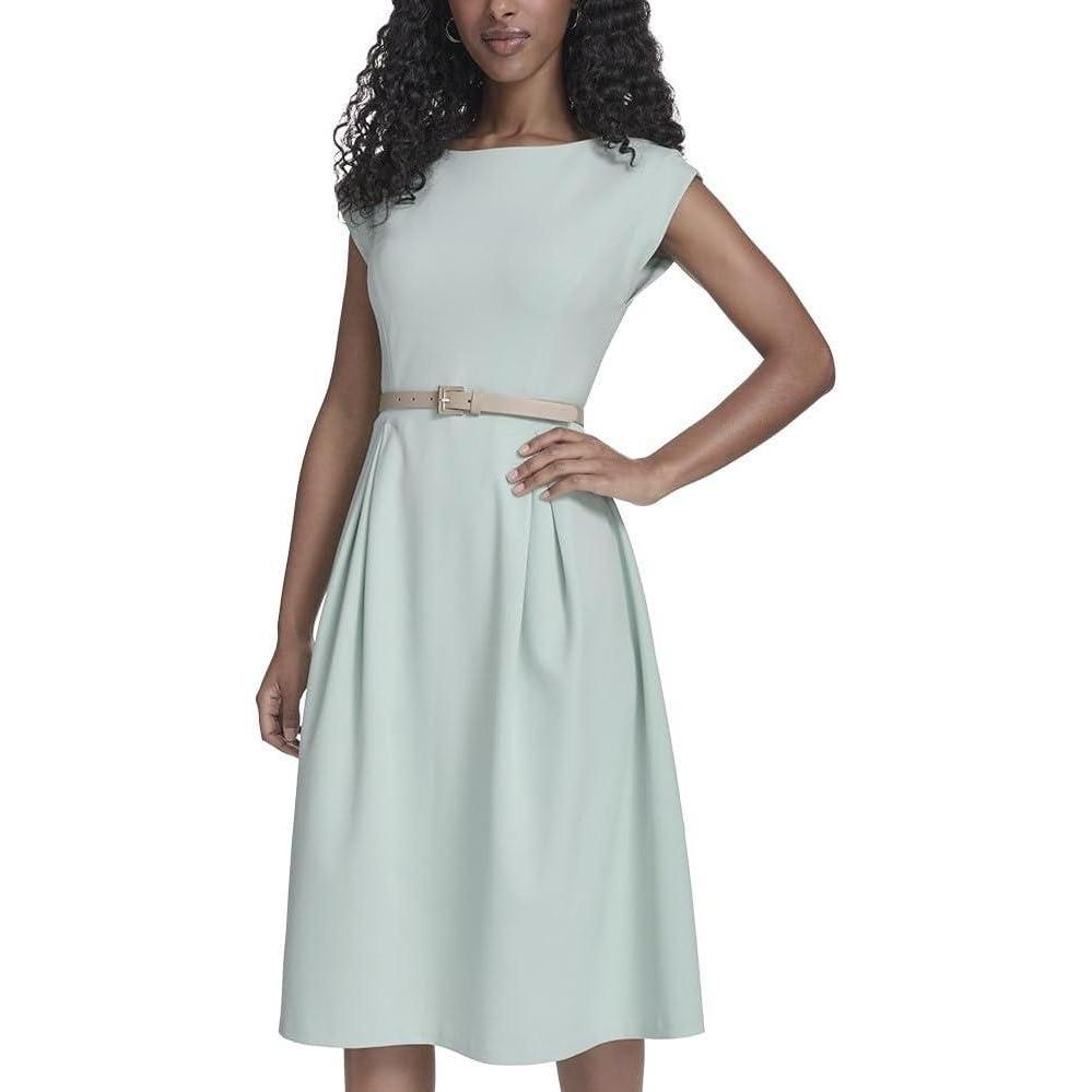 imageTommy Hilfiger Womens Cap Sleeve Crew Neck Scuba Crepe Belted Midi DressHarbor Gray