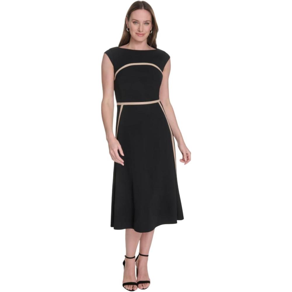imageTommy Hilfiger Womens Cap Sleeve Wide Neck Fit and Flare Midi DressBlack Sand