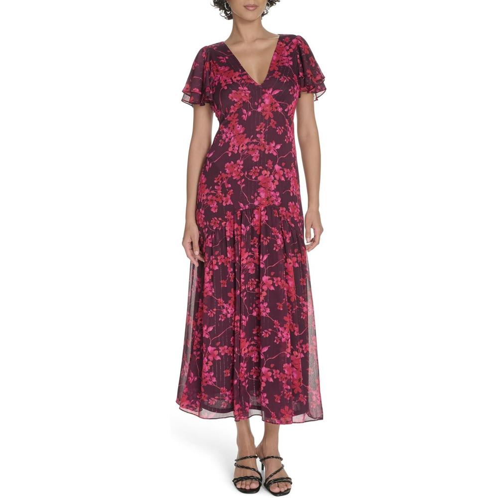 imageTommy Hilfiger Womens Flutter Sleeve V Neck Tiered Maxi DressAubergine Multi