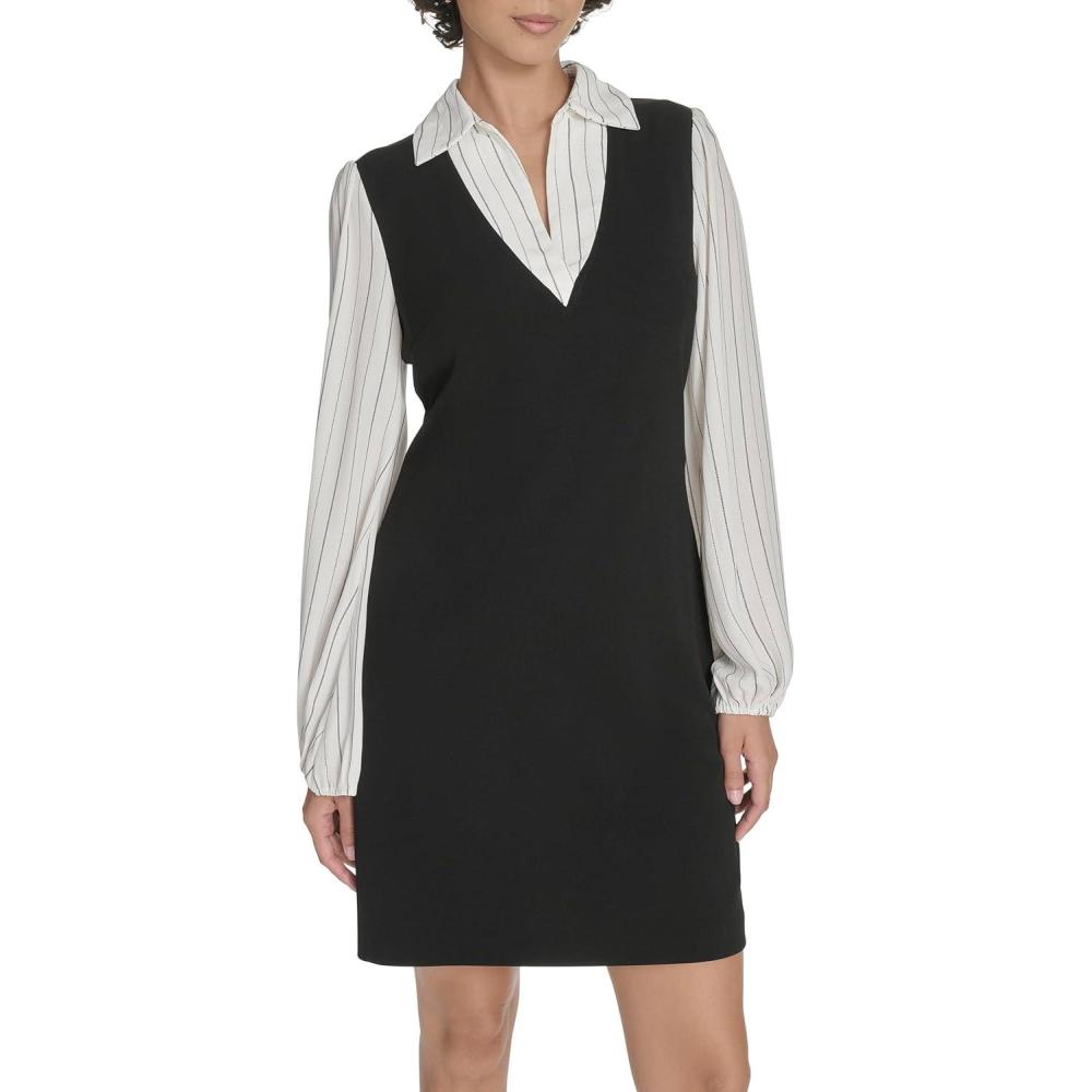 imageTommy Hilfiger Womens Long Sleeve Collared Twofer Shift Mini DressBlackIvory