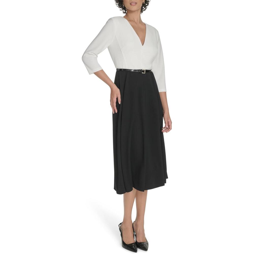 imageTommy Hilfiger Womens Long Sleeves V Neck Color Block Midi DressBlackIvory