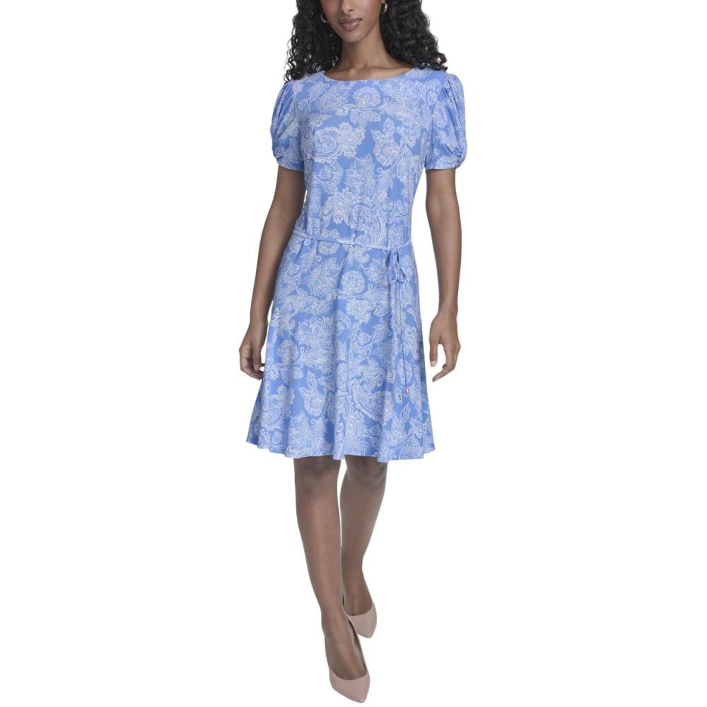imageTommy Hilfiger Womens Puff Sleeve Crew Neck Jersey Shift Mini DressFrench BlueIvory