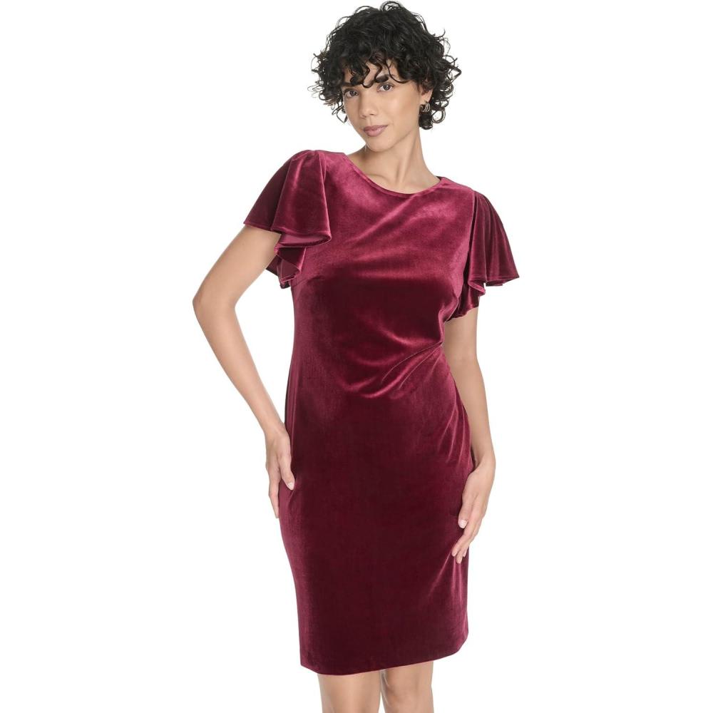 imageTommy Hilfiger Womens Short Flutter Sleeve Jewel Neck Mini Sheath DressBeet Red