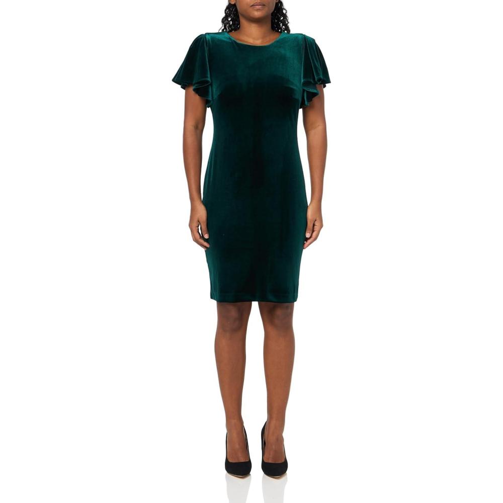 imageTommy Hilfiger Womens Short Flutter Sleeve Jewel Neck Mini Sheath DressHunter Green